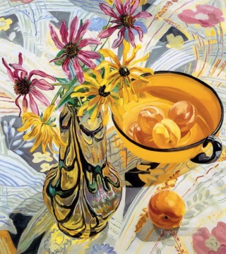  JF Painting - flowers in glass and peaches JF realism still life